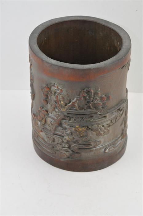 A 19th cent Chinese Bamboo brush pot decorated with attendants and calligraphy