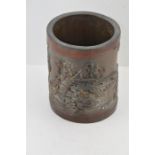 A 19th cent Chinese Bamboo brush pot decorated with attendants and calligraphy