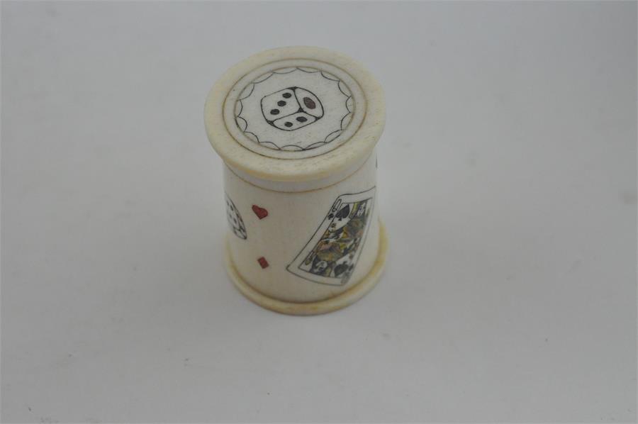 A turned, carved and stained ivory dice shaker/case and dice, 19th century. the case/shaker of - Image 2 of 7
