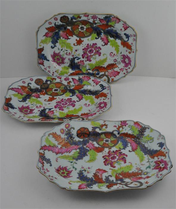 Three Chinese porcelain Qianlong period "Pseudo tobacco leaf" meat platters. 30 x 23 cms