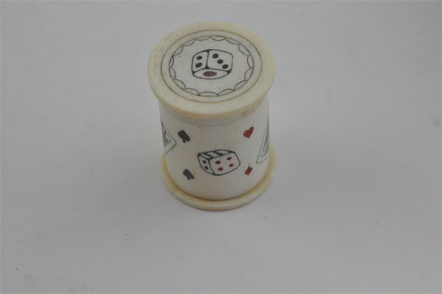 A turned, carved and stained ivory dice shaker/case and dice, 19th century. the case/shaker of - Image 3 of 7