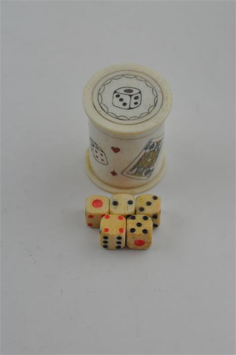 A turned, carved and stained ivory dice shaker/case and dice, 19th century. the case/shaker of - Image 7 of 7