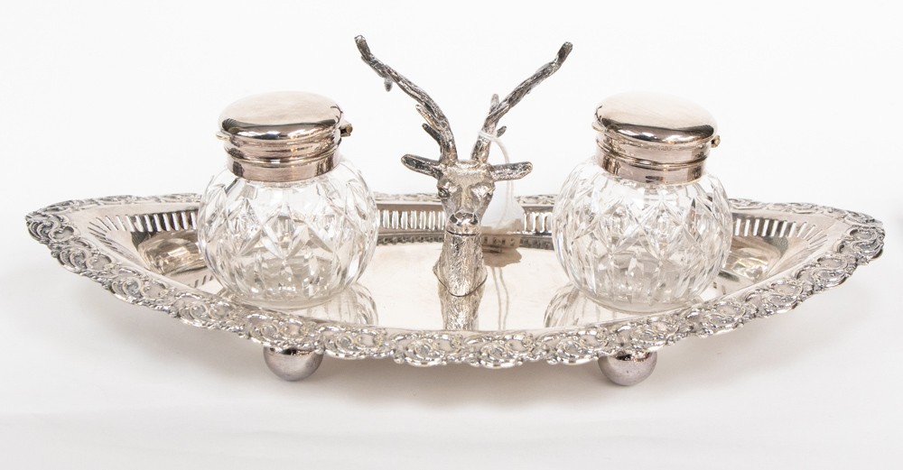 A silver plated desk set,