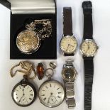 A collection of items to include a silver pocket watch, a white and yellow metal version with chain,