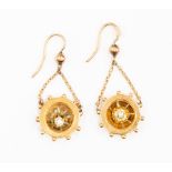 A pair of yellow metal Victorian drop earrings, set with diamond,