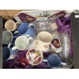 A boxed of mixed ceramics and glassware to include Royal Commemoratives, Japerware,