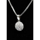 An unmarked white gold cluster pendant, set with paste stones on an 18ct white gold box chain,