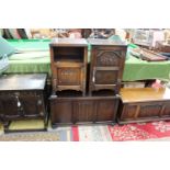 A collection of oak furniture comprising blanket box fitted with linenfold panels,