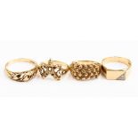 A collection of four 9ct gold dress rings, with various designs and sizes,