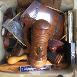 A box of assorted wooden items and treen, including thermometer, inlaid flagon,
