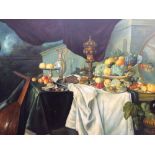 Oil on canvas, 20th Century, fruit on table still life, decorative, in heavy gilt frame,