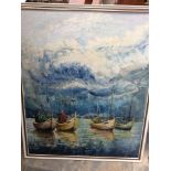 An oil on board of fishing boats indistinctly signed,