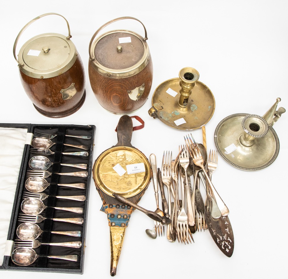Biscuit barrels, candle snuffers, bellows, boxed cutlery,