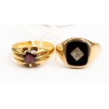 Two gentleman's rings, comprising an onyx and small diamond seal type, 9ct gold ring,