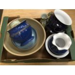 Two Denby and two other blue jardiniere, three vases, (2 Glyn Colledge),