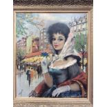 20th Century oil on canvas depicting a fashionable young lady outside the Moulin Rouge,