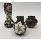 A Moorcroft double gourd vase (seconds) bulbous vase (seconds) and one further Moorcroft vase