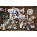 A collection of figures to include Staffordshire and Crown Staffordshire floral encrusted basket (1