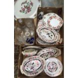 A quantity of Staffordshire plates and tureens and a large meat plate and glassware (3 boxes)