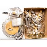 A collection of silver plated items to include a teapot, trays and flatware,