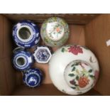 Famille rose ginger jar with blue and white Prunus pattern ginger jars etc (6 in 1 box)