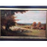 Oil on canvas, depicting a rural scene of sheep and cottages,