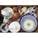 Ceramics including Staffordshire blue and white, Royal Worcester funnel, Watcombe terracotta jugs,