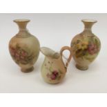 Royal Worcester blush ivory pair of miniature vases and a miniature jug,