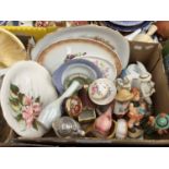 A box of assorted ceramics, figurines, Quimper Japanese dishes/plates etc,