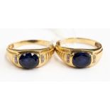 Two 9ct gold blue stone set signet rings, sizes X and Y,