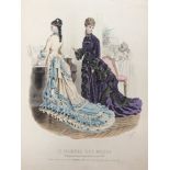 A folder containing 36 hand coloured prints showing early 1900 and late 1800s French fashion,