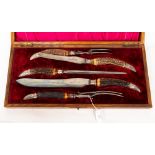 A boxed set - carving set, two knives, two forks and a steel, Victorian Harrison Bros & Howson,