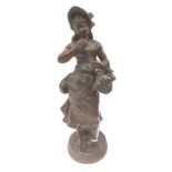 Spelter figure of girl carrying basket of fruit (base not present,