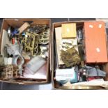 Two boxes of clock parts, including brass mechanisms for mantle and bracket clock, various parts,
