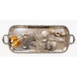 A large rectangular silver plated tray; together with sugar scuttle and scoop, a cruet set,