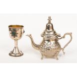 A silver Judaica Israeli Bezalel Kiddish cup with agate and an Arabic teapot