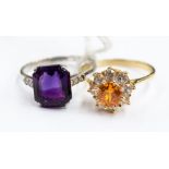 An amethyst, white metal dress ring stamped 18ct & plat,