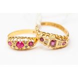 Two early 20th Century 18ct gold ruby and diamond boat head rings, size M1/2,