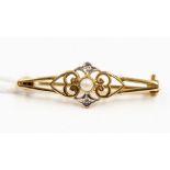 A 9ct gold, diamond and seed pearl bar brooch, length approx 33mm,