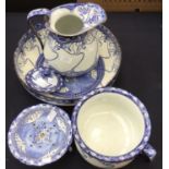 A Doulton 1901 wash stand set with Art Nouveau decoration, blue/white kelmscot pattern bowl, jug,