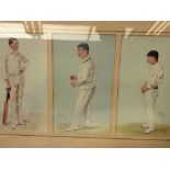 A framed and glazed print of three cricketers.