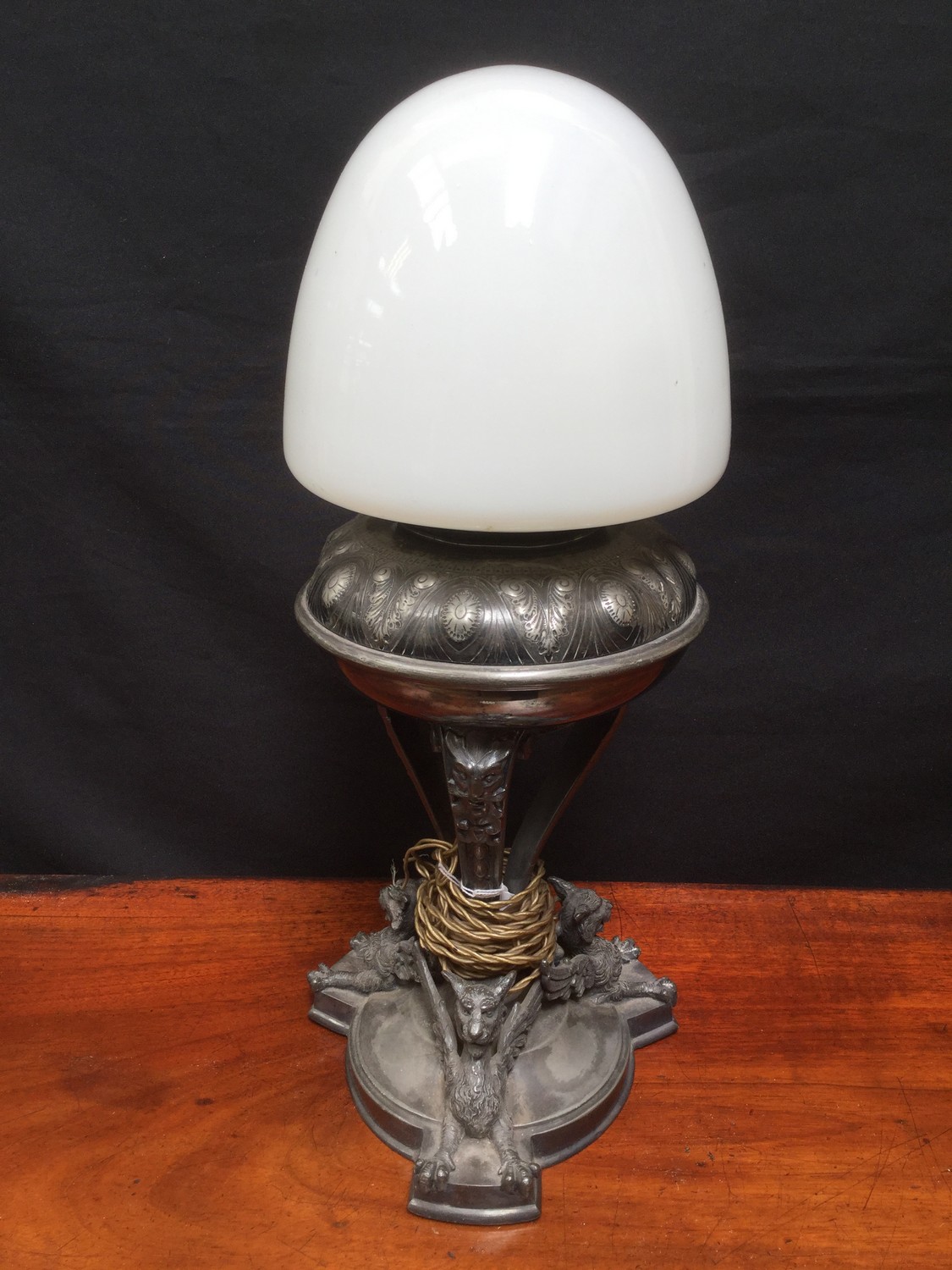 Early 20th Century pewter table lamp with Griffin base,