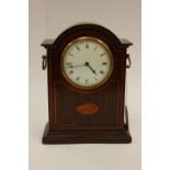 An Edwardian mantle timepiece, Roman numerals to dial, mahogany inlaid case,
