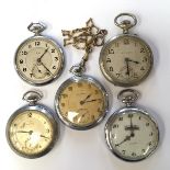 Five assorted Art Deco design white metal pocket watches (af)