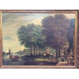 19th Century oil on canvas, waterside scene with figures.