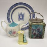 A Midwinter Stylecraft teapot (Dec 12-1959) A Copeland May 1937 Edward VIII platter (blue white) a