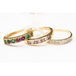 Three 9ct gold dress rings to include a 'Dearest' ring, af ruby chipped, size L,