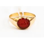 A carnelian signet/seal ring, size J 1/2, total gross weight approx 3.