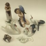 Lladro and Royal Copenhagen models, to include a swan, pair of figurines, birds,