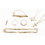 A collection of 9ct gold and yellow metal jewellery, including a stone set bar brooch,